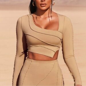 Oh Polly Tan Asymmetrical Crop Top Long Sleeve Exposed Seams